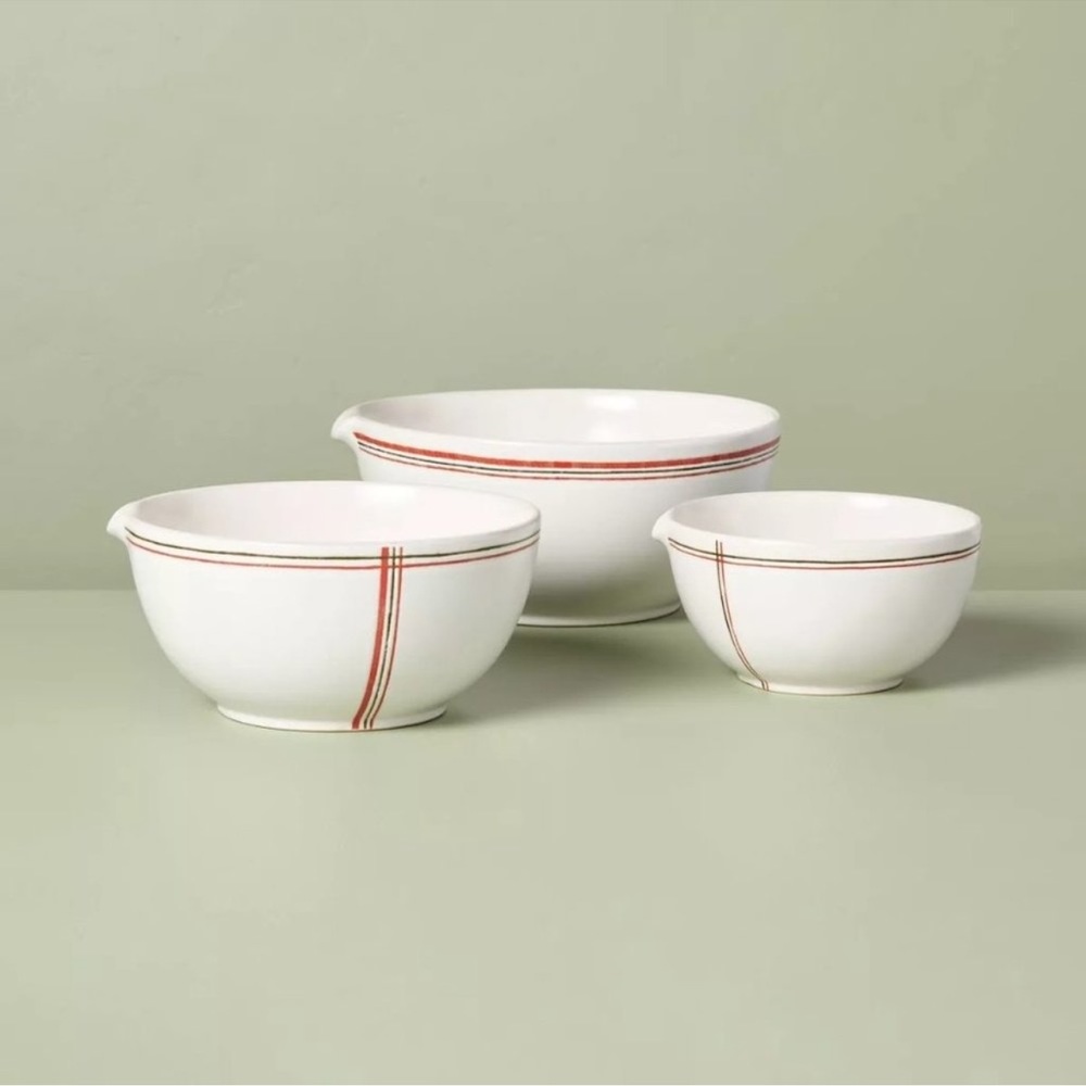 NEW-3pc Plaid Stripes Stoneware Mixing Bowl Set Cream/ Red/Green - Hearth & Hand